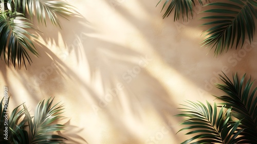  Beautiful texture of beige brown luxury, smooth stucco wall with soft foliage dappled light of tropical tree leaf shadow 