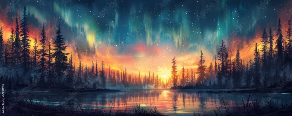 Fototapeta premium Abstract night sky with aurora borealis in watercolor.