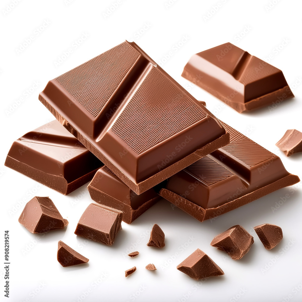 Milk chocolate pieces on a white background Milk chocolate pieces on a white background