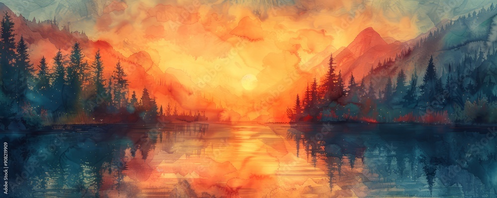 Abstract twilight over a serene lake in watercolor. Abstract twilight over a serene lake in watercolor.