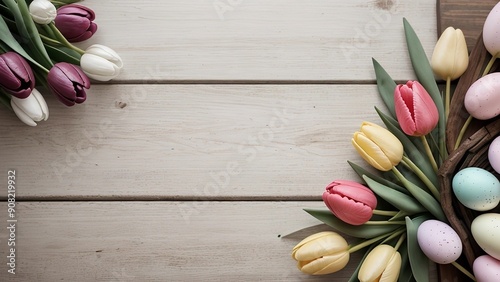 an assortment of tulips placed on a rustic wooden table to include easter eggs photo