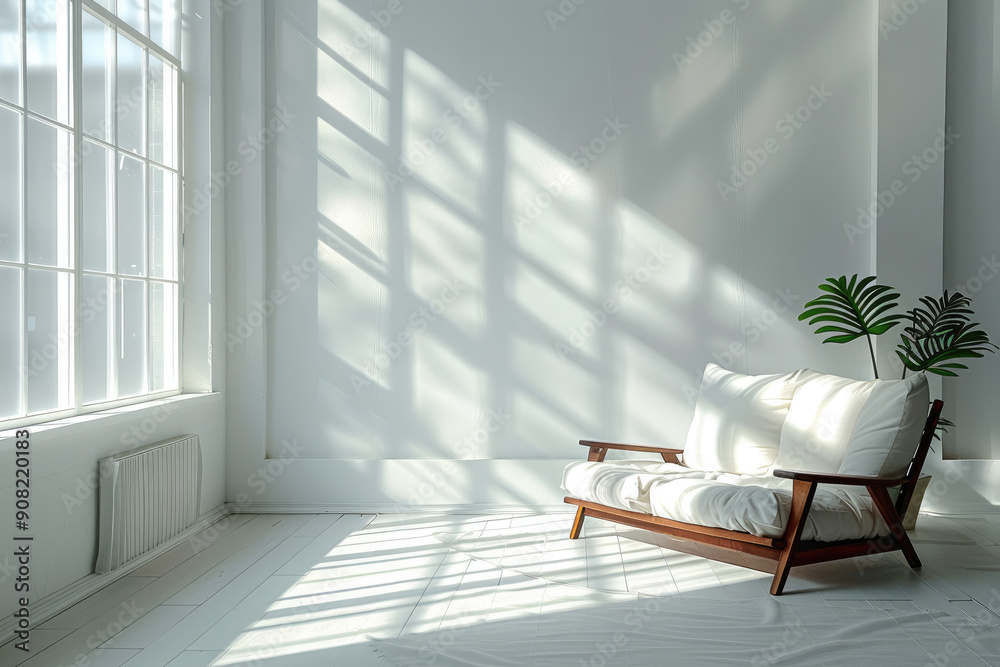 Living room, natural light and shadow, minimalist style, white background. Generative AI. Living room, natural light and shadow, minimalist style, white background. Generative AI.