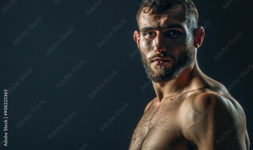 Muscular man posing, intense studio portrait on black background. Free copy space for text. Muscular man posing, intense studio portrait on black background. Free copy space for text.