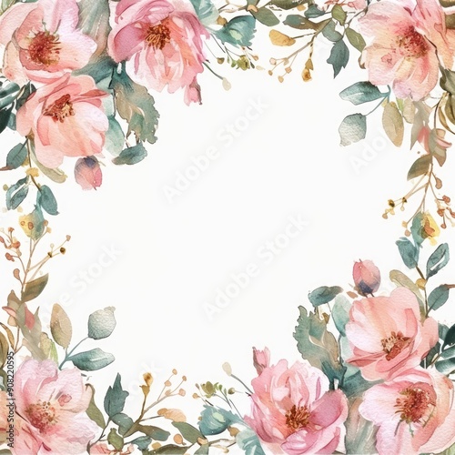 Blush Flower Border. Watercolor Floral Frame with Pink Roses and Green Leaves for Wedding Cards