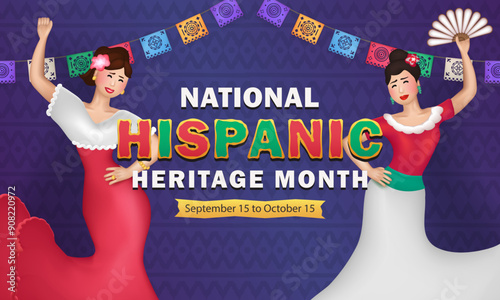 Cartoon banner with 3d female in Hispanic attire performing Latin dance, celebrating National Hispanic Heritage Month, with colorful papel picado overhead on purple background with traditional pattern