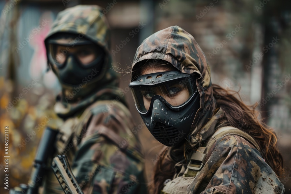 Paintball Action. Team of Girls and Guys in Camouflage Outfits with Masks on Battlefield Paintball Action. Team of Girls and Guys in Camouflage Outfits with Masks on Battlefield
