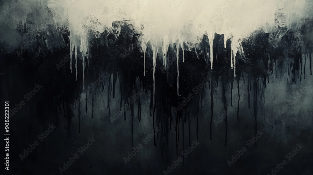 Fototapeta premium A surreal oil painting of a mist-shrouded wall, where rain and fog blend into dark, dripping brushstrokes, creating a veil of shadows that hints at hidden symbolism.