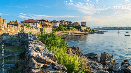 Sozopol Bulgaria. Coastal Landscape Banner of Embankment with Fortress Wall in Black Sea Town