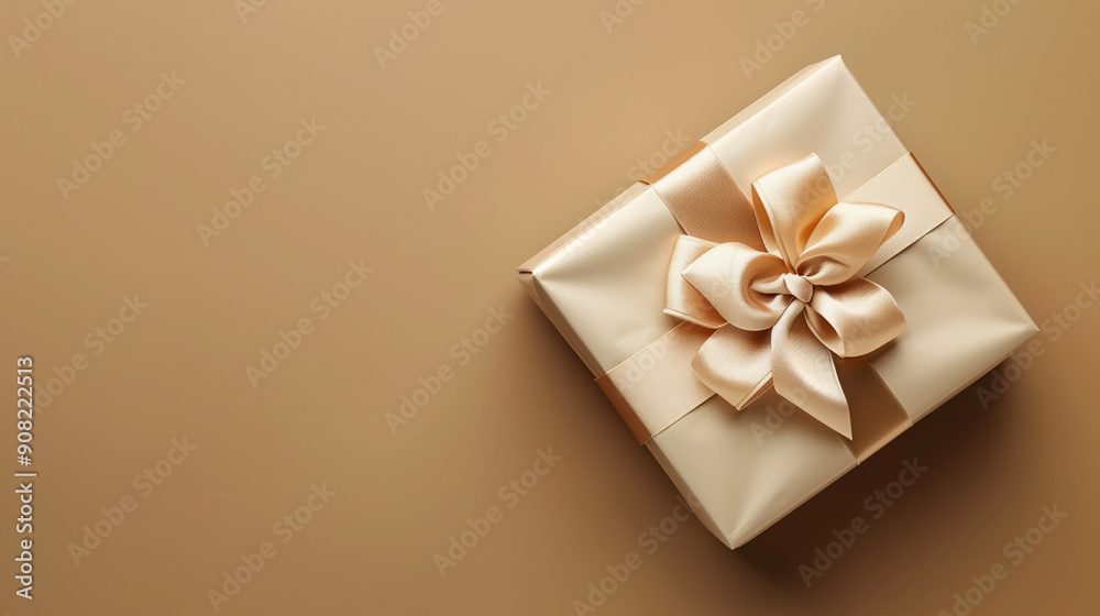 Luxury beige gift box with satin ribbon bow isolated on a brown background, top view web banner with empty copy space in the right. Luxury beige gift box with satin ribbon bow isolated on a brown background, top view web banner with empty copy space in the right.