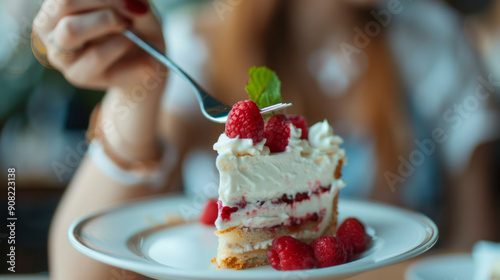 Customer enjoying a slice of creamy raspberry dessert at a cozy café in the afternoon