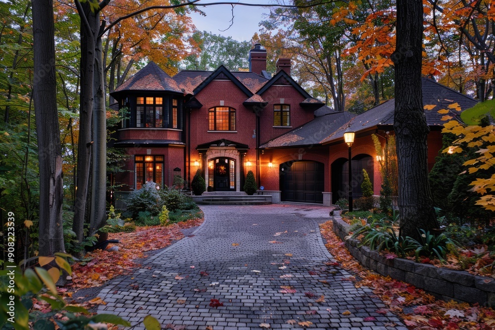 Fototapeta premium Fall Driveway. Red Brick House with Circular Driveway and Triple Garage in Toronto Forest Setting