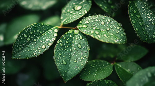 Close-up of green leaves covered with fresh water droplets after a morning rainfall photo