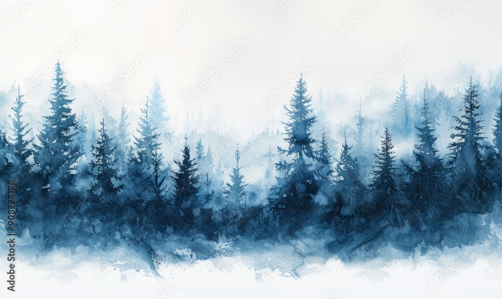 Fototapeta premium Abstract snowy forest in watercolor on a white background.