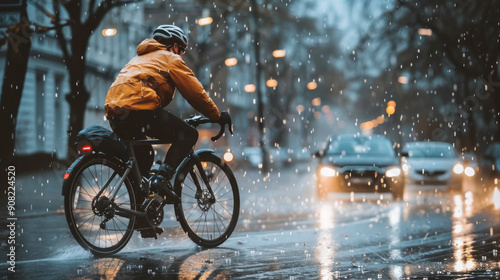 Cyclist riding through rainy city streets wearing gear during dusk hours photo