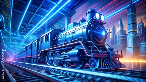 Electric Dreams: A Glowing Blue Locomotive Racing Through a Neon Cityscape  AI generated photo