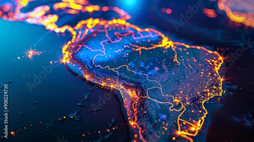 South America's Glowing Outline A Digital 3D Render of the Continent, Night Lights and Borders, Global Connectivity, Digital Map, Continent, South America