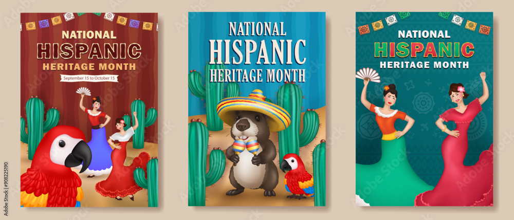 Set of cartoon Hispanic Heritage Month greeting cards with ethnic paper ...