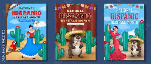 Hispanic Heritage Month greeting cards with 3d papel picado, cartoon capybara in sombrero holding maracas, Macaw parrot and happy Latin women in traditional dresses dancing among cacti in a desert