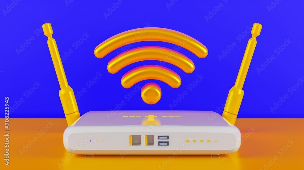 yellow wifi router with antenna, internet connection symbol on colored background yellow wifi router with antenna, internet connection symbol on colored background