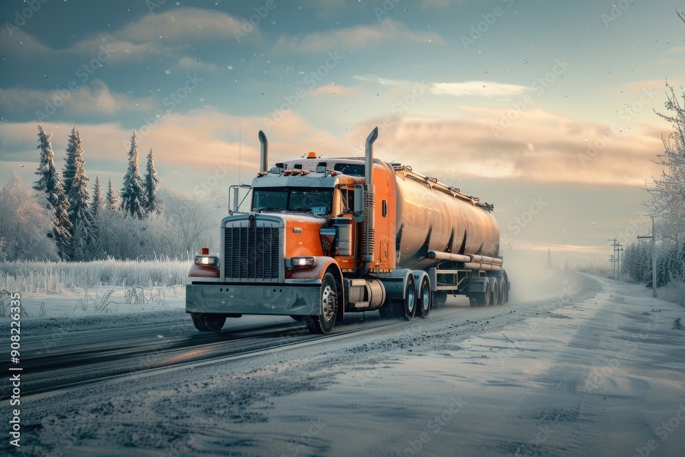 Orange Semi Truck Transporting Liquid Cargo on Frosty Winter Road. American Classic Hauler in Action Orange Semi Truck Transporting Liquid Cargo on Frosty Winter Road. American Classic Hauler in Action
