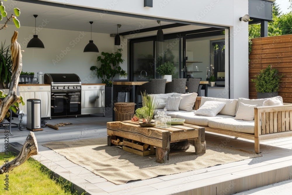Patio Rug. Modern Home Patio Featuring BBQ, Sitting Area with Outdoor Furniture Patio Rug. Modern Home Patio Featuring BBQ, Sitting Area with Outdoor Furniture