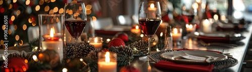 Warm Candlelight and Wine Glasses on a Festive Table, Christmas, Dinner, Celebration, Holiday