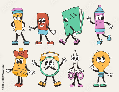 Retro groovy characters set. Back to school. Funny vintage mascot, vector elements, school objects. Cartoon vector illustration