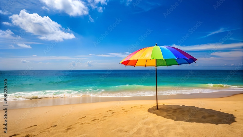 Sandy Beach with a Colorful Umbrella AI generated Sandy Beach with a Colorful Umbrella AI generated