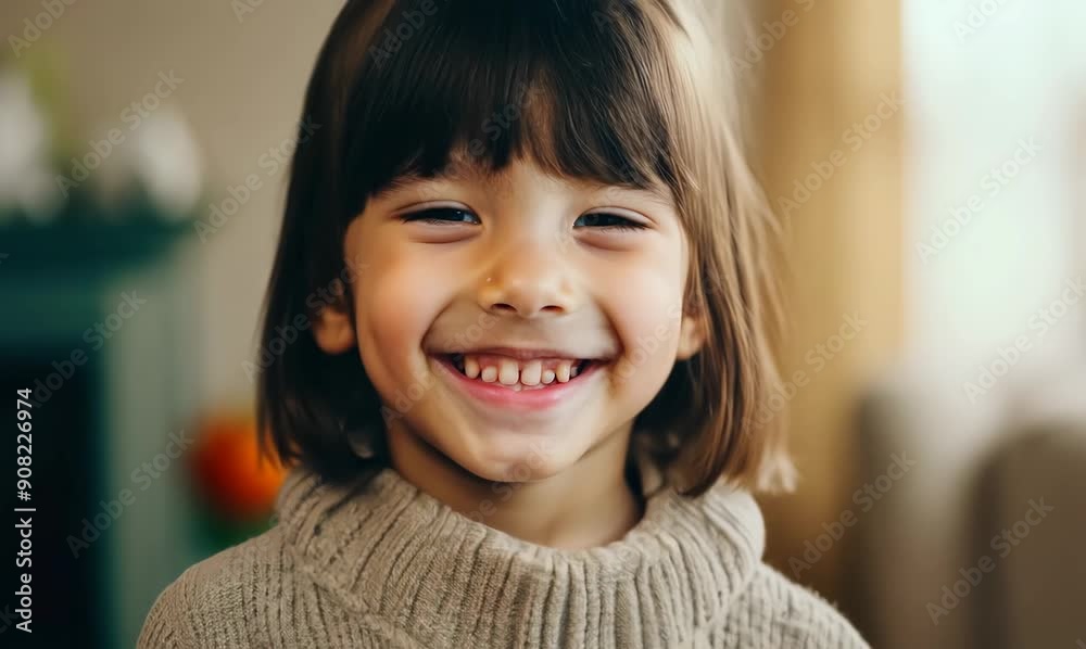 smiling asian little girl in sweater looking at camera at home smiling asian little girl in sweater looking at camera at home