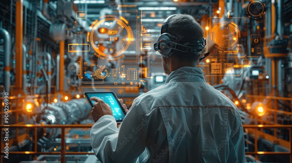 An engineer in the foreground, holding and looking at his tablet with a futuristic screen displaying augmented reality graphics about industrial machines behind him. Generative AI. An engineer in the foreground, holding and looking at his tablet with a futuristic screen displaying augmented reality graphics about industrial machines behind him. Generative AI.