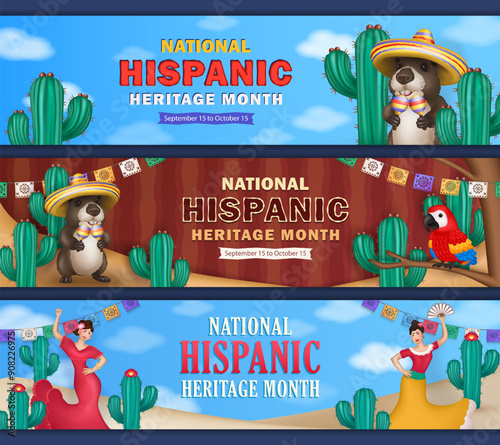 Hispanic Heritage Month panoramic banners with 3d papel picado, cartoon capybara in sombrero holding maracas, Macaw parrot and happy Latin women in traditional dresses dancing among cacti in a desert