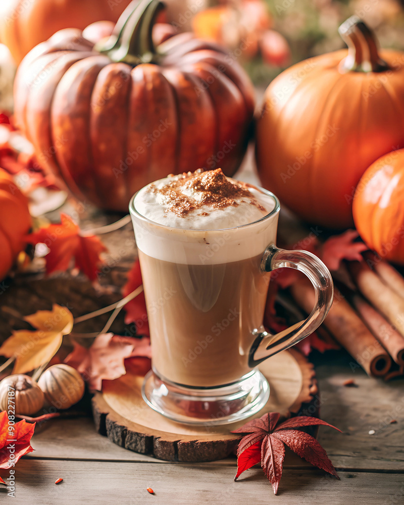 Homemade pumpkin latte in a glass, on the table among colorful pumpkins, autumn, seasonal drink, hot drinks Homemade pumpkin latte in a glass, on the table among colorful pumpkins, autumn, seasonal drink, hot drinks
