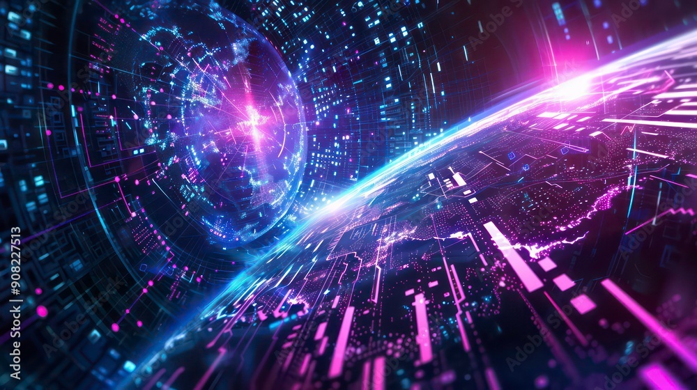 A futuristic digital globe with glowing purple and blue lines A futuristic digital globe with glowing purple and blue lines