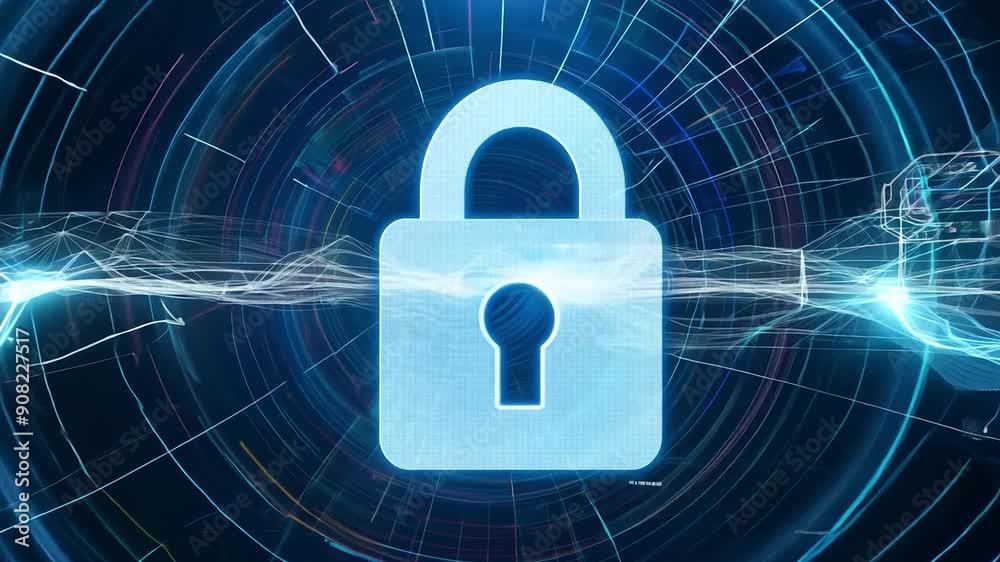 Blue lock icon on abstract digital background with circular and linear elements. Cybersecurity and data protection concept for banner and poster Blue lock icon on abstract digital background with circular and linear elements. Cybersecurity and data protection concept for banner and poster