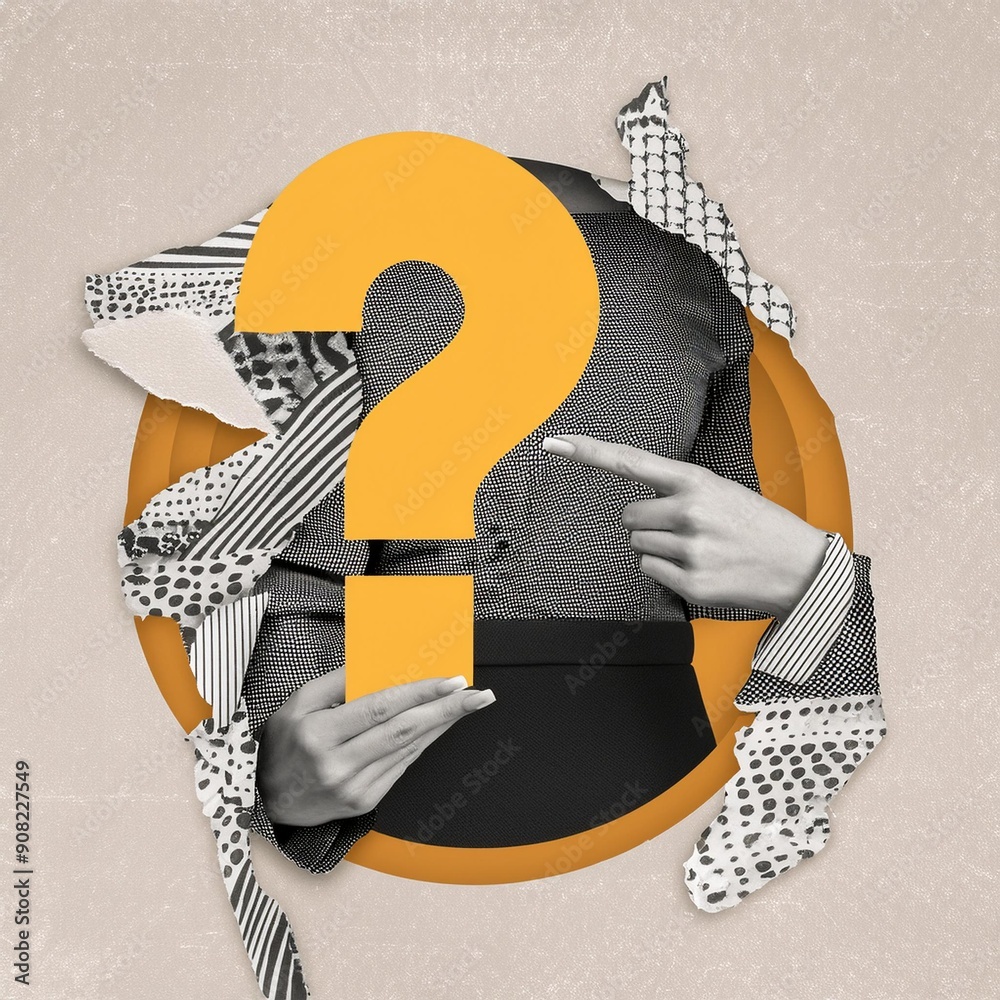 Modern collage with pointing hand and question mark. Paper cutout. Torn paper. Halftone part of body. Question mark cut out from notebook. FAQ sign.