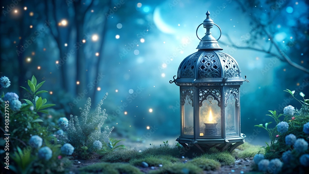 Ornate Silver Lantern with a Soft Blue Light - Moonlit Garden AI Generated Ornate Silver Lantern with a Soft Blue Light - Moonlit Garden AI Generated