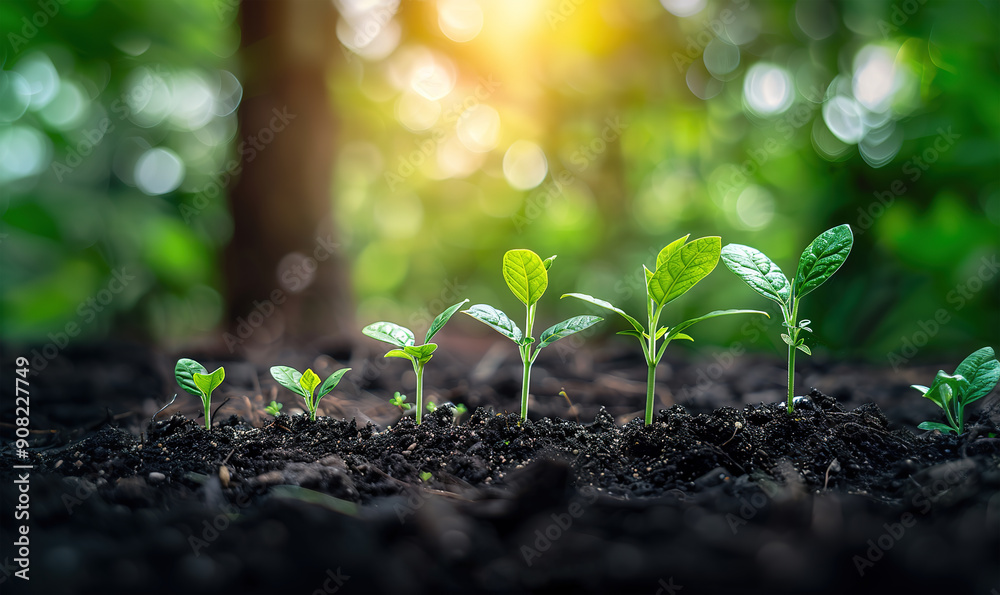 Small to large plants sprouting in the ground. The background is a blurred green. Small to large plants sprouting in the ground. The background is a blurred green.