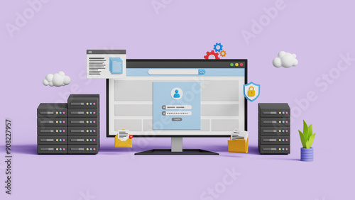 Cloud data server, online database storage technology concept. Cloud hosting computing. Cloud storage technology. Data cloud storage network. 3D online data storage log in page