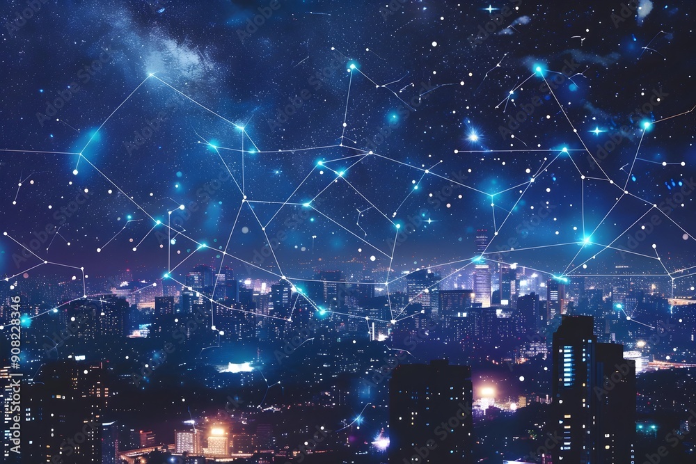 Obraz premium Twinkling Zodiac Constellation Sticker Design for Cityscape Background