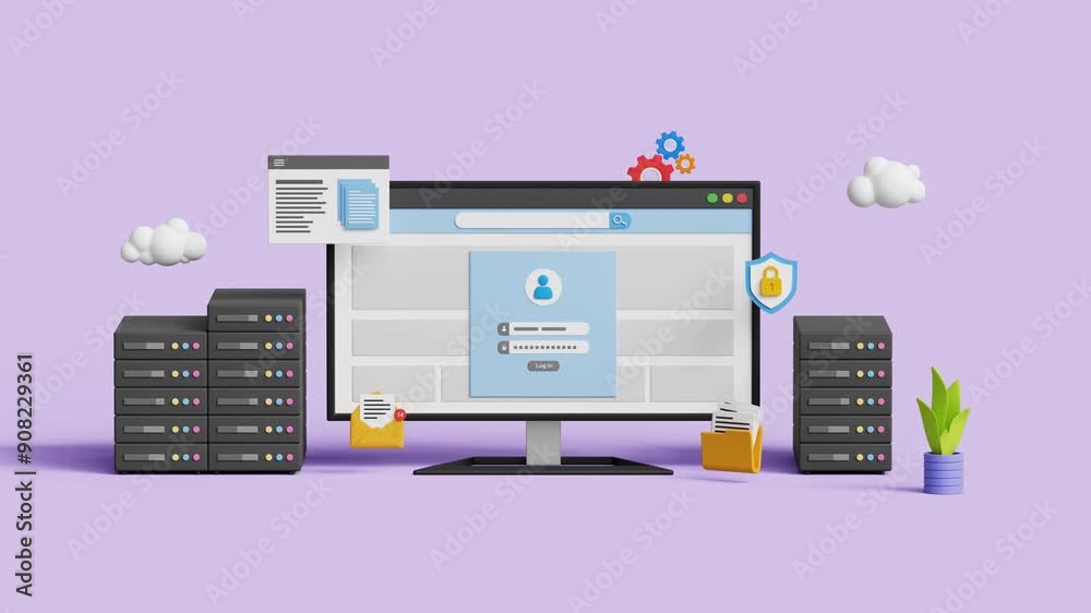 Cloud data server, online cloud database storage technology. Cloud hosting computing. Data cloud storage network. 3D online data storage log in page. 4k 3d animation. Trim first 3 sec for loop