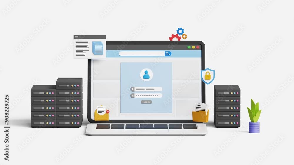 Global cloud computing and database technology. Big data server.Cloud storage for backup, personal data storage network.Dowload, upload document files system. 4k 3d animation.Trim first 3 sec for loop