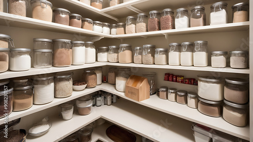 A shelf in the pantry dedicated to baking supplies, stocked with flour, sugar, baking powder and other baking essentials.
