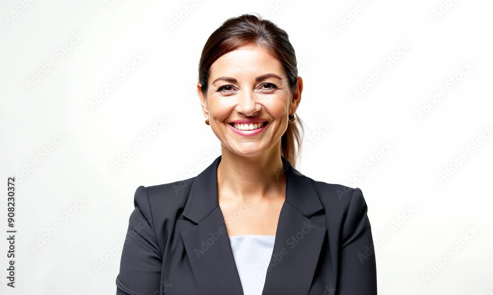 Portrait of a smiling businesswoman standing with hands in pockets over white background Portrait of a smiling businesswoman standing with hands in pockets over white background
