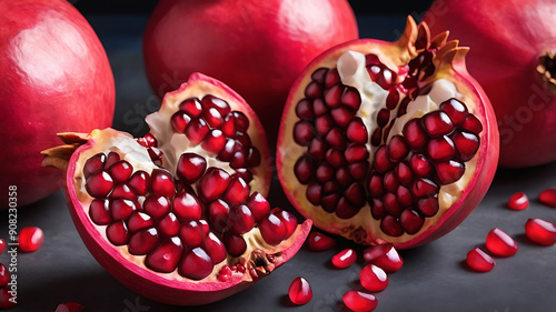 A pomegranate split open, revealing the vibrant red seeds inside.