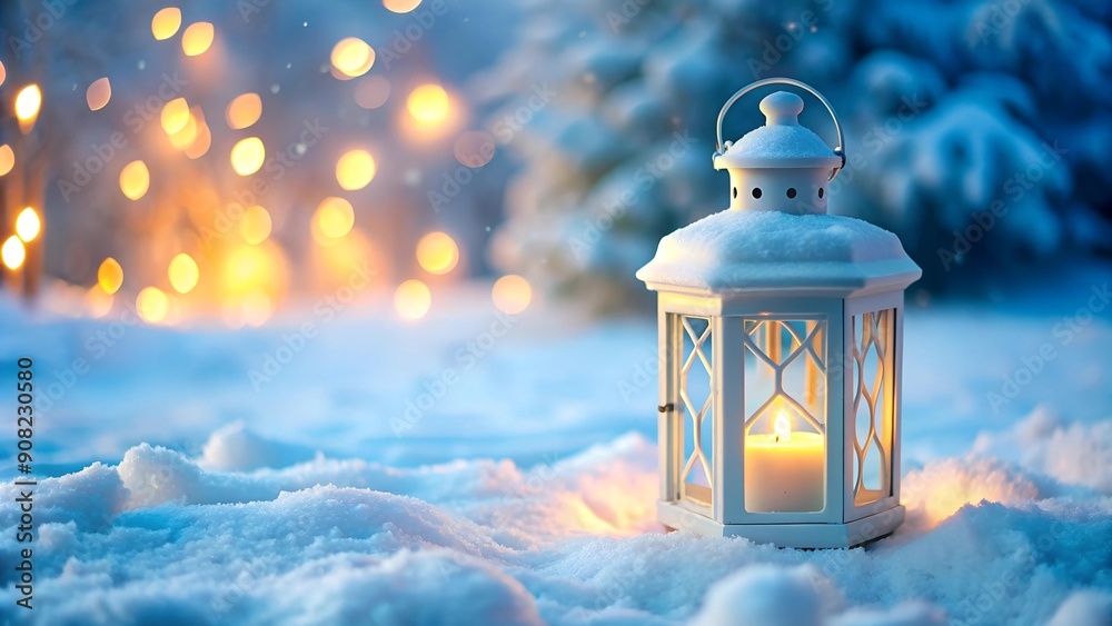 Charming White Lantern with a Soft Blue Light - Winter Wonderland Generative AI Charming White Lantern with a Soft Blue Light - Winter Wonderland Generative AI