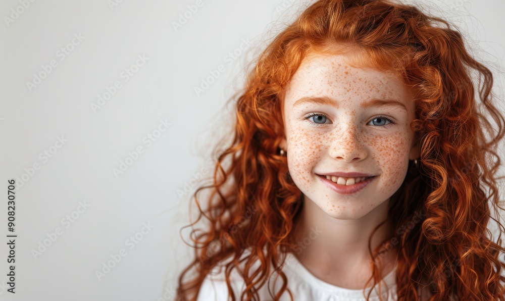 Smiling red-haired girl with freckles, joyful expression. Free copy space for text. Smiling red-haired girl with freckles, joyful expression. Free copy space for text.