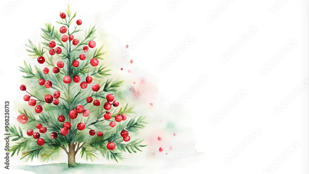 Watercolor Christmas Tree with Red Berries on a White Background - Festive Holiday Simplicity AI Generated Watercolor Christmas Tree with Red Berries on a White Background - Festive Holiday Simplicity AI Generated