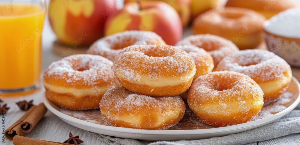 Freshly Baked Donuts Piled High With Powdered Sugar and Apples on Wooden Table