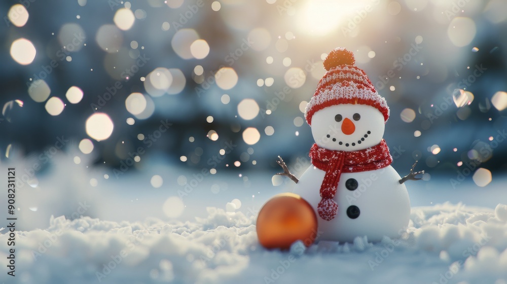 Charming Snowman Decorates Winter Landscape at Sunset With Soft Falling Snow Charming Snowman Decorates Winter Landscape at Sunset With Soft Falling Snow