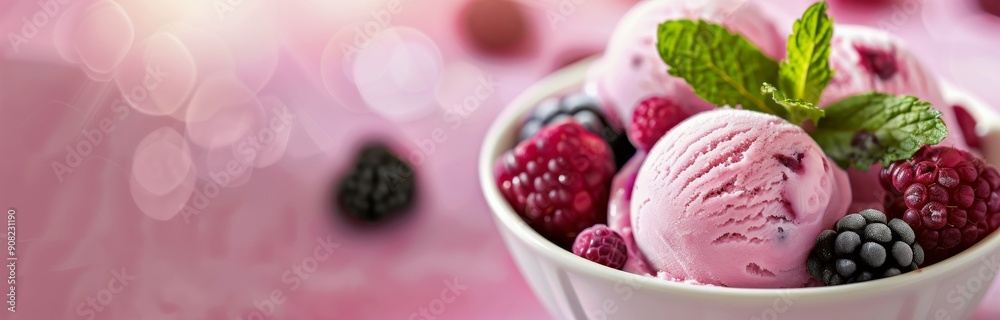 Fresh Raspberry Sorbet in a Bowl With Blackberries and Mint Leaves Fresh Raspberry Sorbet in a Bowl With Blackberries and Mint Leaves